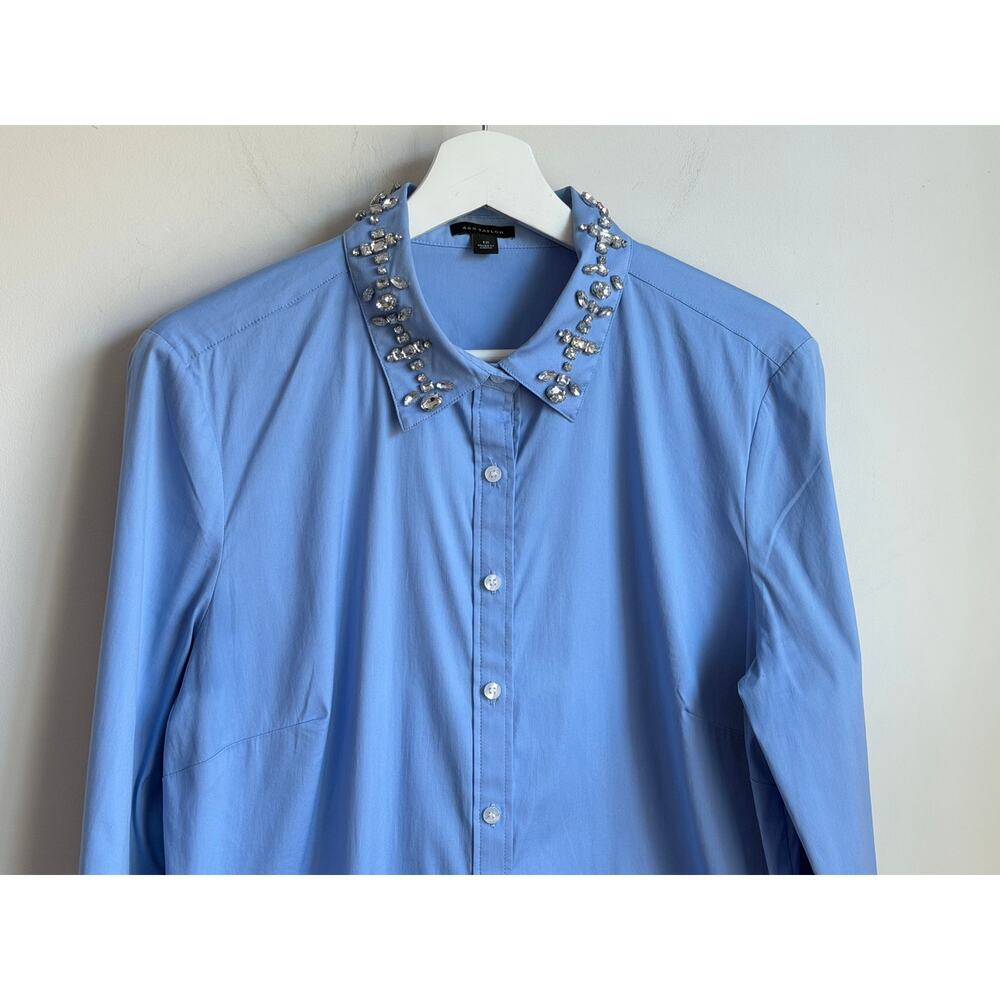 Ann Taylor Embellished Jewel Long Sleeve Button-Down Shirt Blue Women's Size 12 - Picture 3 of 8